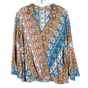 Cato Bohemian Wrap Cross Front Mandala Printed Wide Sleeve Blouse Rayon Summer